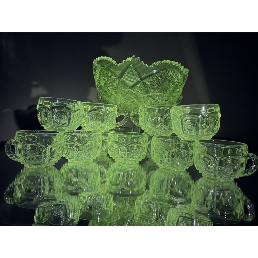 Antique Manganese Glass Punch Bowl Set w/ Stand – 12 Cups – Early 20th Century